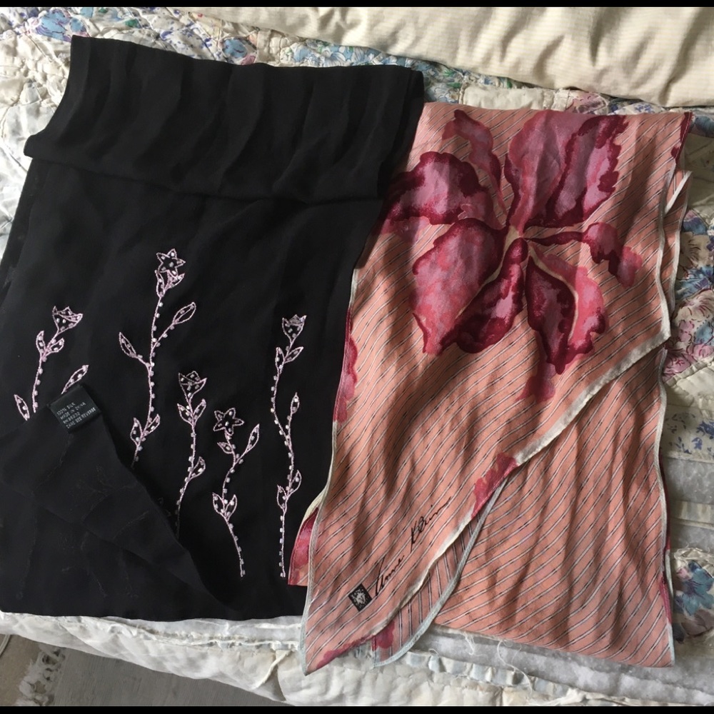 2 Silk Scarves AnneKlein Orchid & Blk Pink Flowers - Picture 7 of 7